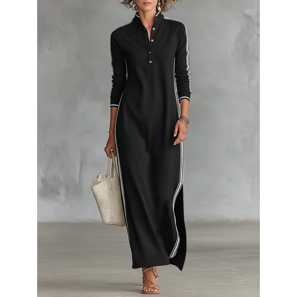 Modesees Minimalist White Trimmed Button Down Collar Sweatshirt Maxi Dress Black